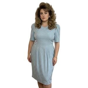 VTG Handmade Floral Jacquard Pocket Midi Dress Light Blue L 80s Regencycore
